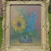 Geel/Blauwe Bloemen in Tinnen Pot